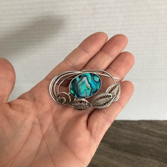 Vtg Abalone Filigree Leaf Detailed Brooch - Picture 10 of 12